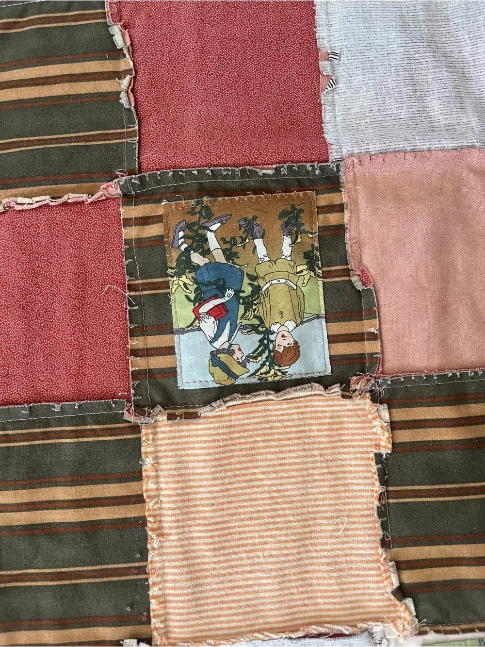 Vintage Handmade Patchwork Rag Crib Quilt Americana Twin Photo Memory Folk Art